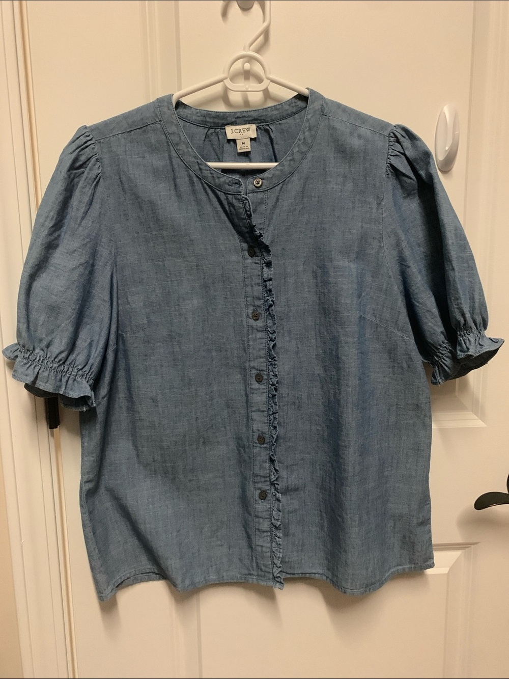 J. Crew Light Blue Chambray Ruffle-Trim Button Down Top